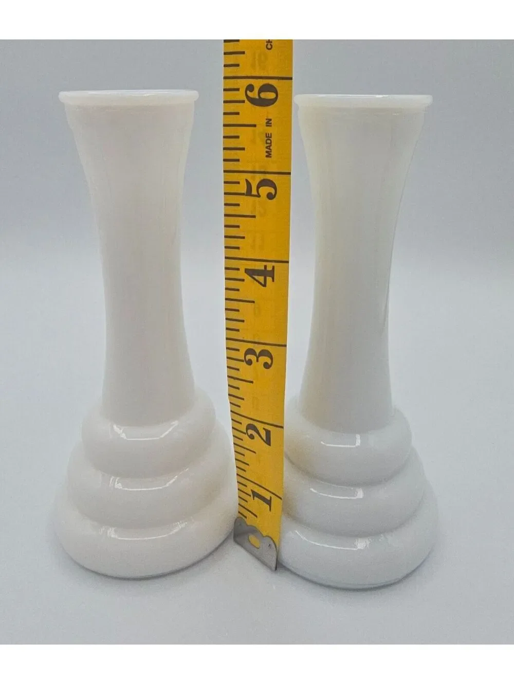 Vintage Randall Milk Glass Bud Vases Pair White Beehive MCM Cottage Tiered 6